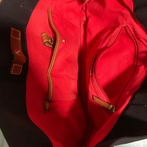 Dooney & Bourke VTG Black Nylon Tote Bag Tan Leather Braided Handle - Picture 3 of 5